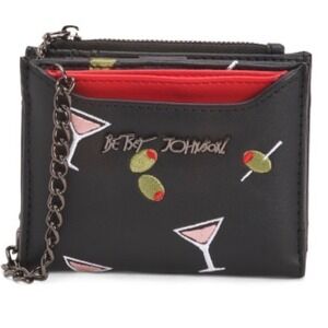 Betsey Johnson Martini Toss Cardholder Wallet Black Embroidered Case NWT mint